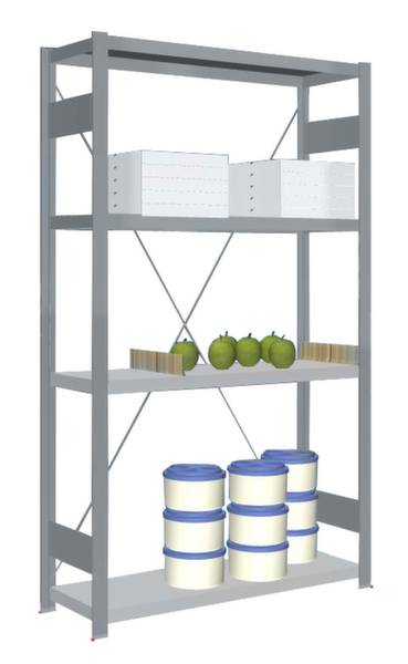 Étagère métallique à trois niveaux : En haut des boîtes blanches, au milieu des pommes vertes et en bas des contenants blancs avec des couvercles bleus.