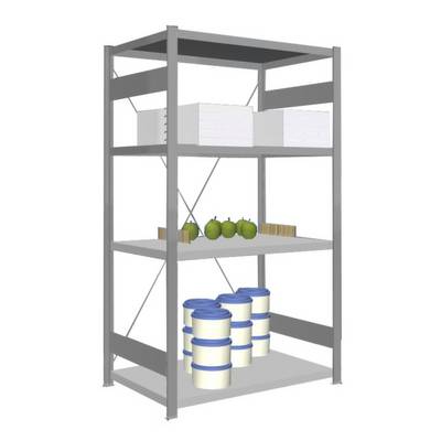 Étagère avec quatre tablettes. L'étagère supérieure contient des cartons, l'étagère du milieu présente des pommes vertes et des colis, l'étagère inférieure a des contenants.