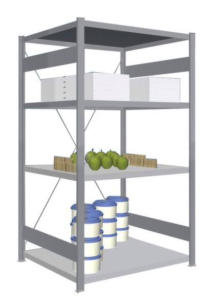 Un étagère métallique grise à trois niveaux contient des cartons, des caisses de pommes vertes et des contenants blancs avec des couvercles bleus.