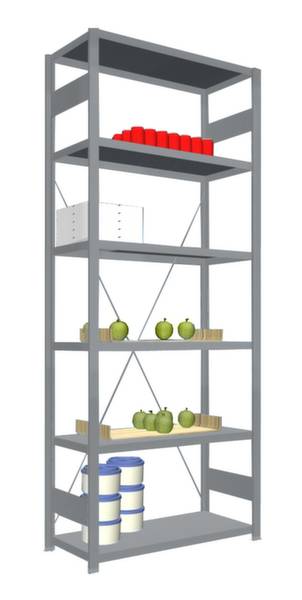 Une étagère étroite avec six niveaux. En haut, des boîtes rouges, au milieu des pommes vertes dans des paniers, en bas des boîtes ou des seaux blancs.