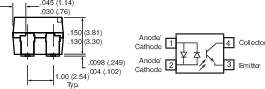 'Disposition électronique des composants : À gauche, les dimensions en pouces et mm ; à droite, un schéma de circuit avec anodes, cathodes, émetteur et collecteur.'