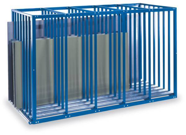 Un support métallique bleu avec plusieurs compartiments pour le rangement vertical de plaques ou de panneaux.