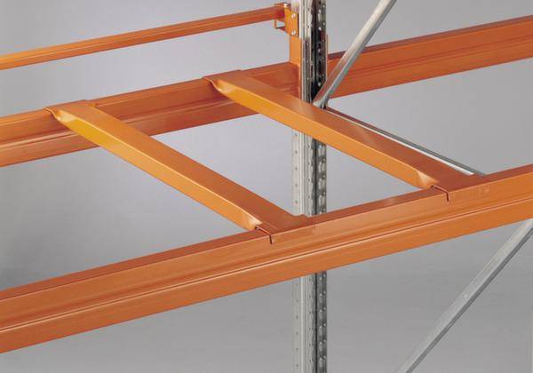 Étagère industrielle en métal avec traverses oranges et cadre de support argenté, illustrant une structure de rayonnage de stockage.