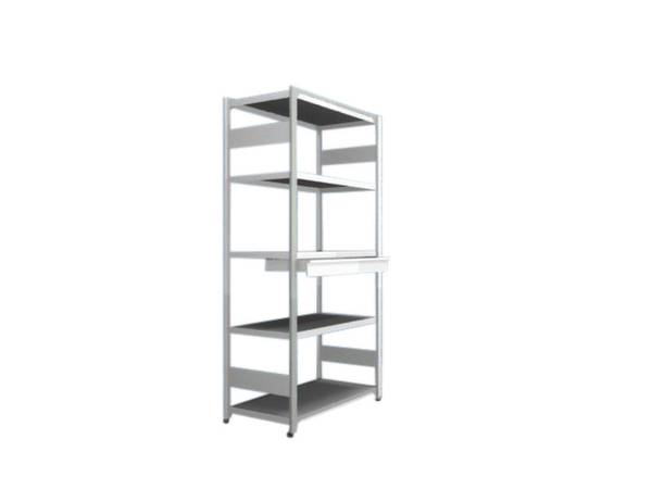 Étagère métallique à cinq niveaux, adaptée au rangement d'objets dans les ateliers ou les espaces de stockage.