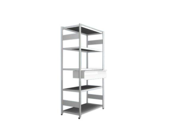 Étagère métallique à cinq niveaux avec deux tiroirs centraux, installée de façon indépendante sur un fond blanc.