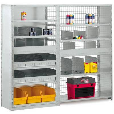 Étagère métallique à plusieurs niveaux, remplie de boîtes de peinture, de produits de nettoyage, de contenants jaunes et d'une boîte à outils rouge.