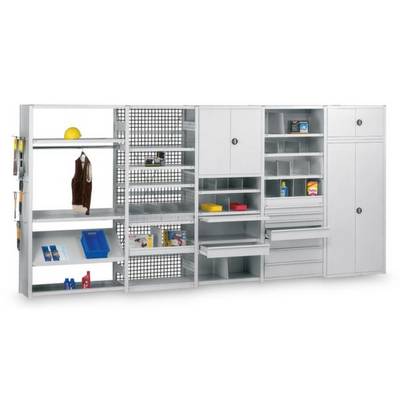 Armoire métallique avec différents compartiments ouverts et fermés, tiroirs et étagères. Certains compartiments contiennent de l'équipement de sécurité et des outils.