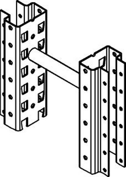 Connecteur d'angle métallique avec de nombreux trous de fixation, relié par une tige centrale, pour un support structural.