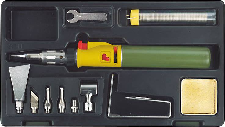 Coffret de fers à souder avec différentes pointes et accessoires dans un boîtier noir. Idéal pour les travaux électroniques et les réparations.