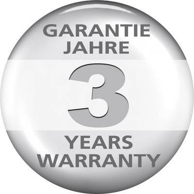 Bouton affiche '3 ANS DE GARANTIE, 3 YEARS WARRANTY' en noir sur un fond argenté.
