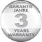 Bouton affiche '3 ANS DE GARANTIE, 3 YEARS WARRANTY' en noir sur un fond argenté.