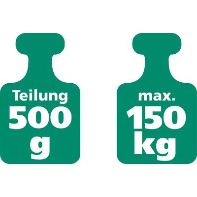 Image verte avec deux poids : À gauche 'Division 500 g', à droite 'max. 150 kg'. Indicateurs de limite de poids et de division.