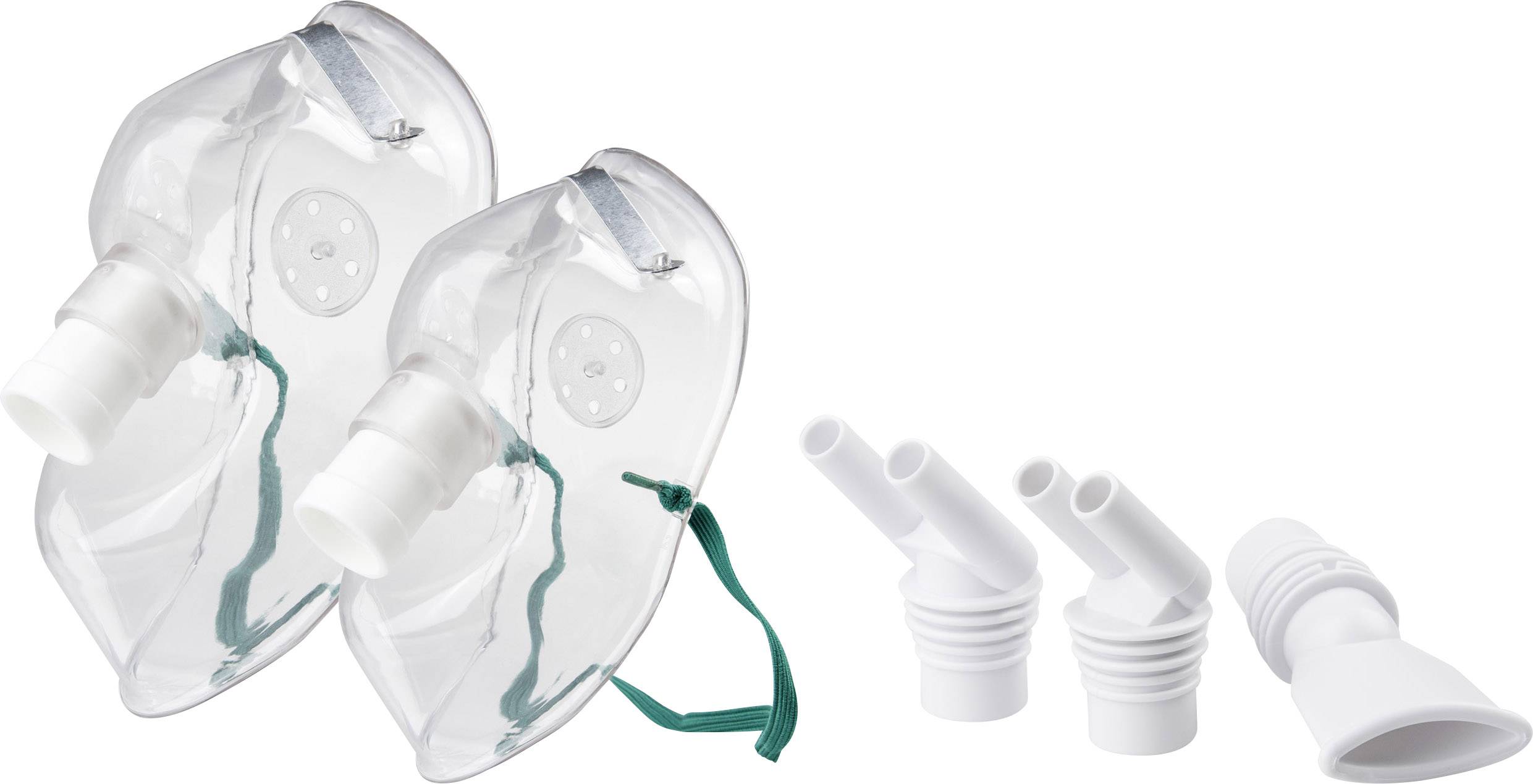 Deux masques respiratoires transparents et quatre embouts blancs destinés à des applications médicales, posés côte à côte.