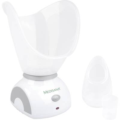 Un inhalateur facial blanc avec embout amovible et un petit gobelet doseur à côté, destiné à la thérapie par inhalation.