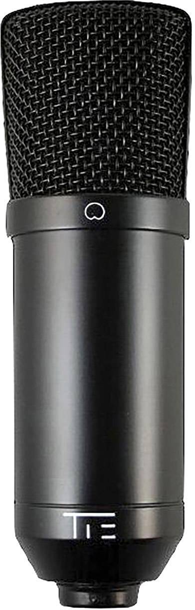 Microphone de studio noir avec grille métallique en haut, corps cylindrique. Utilisé pour des enregistrements audio tels que des podcasts ou de la musique.