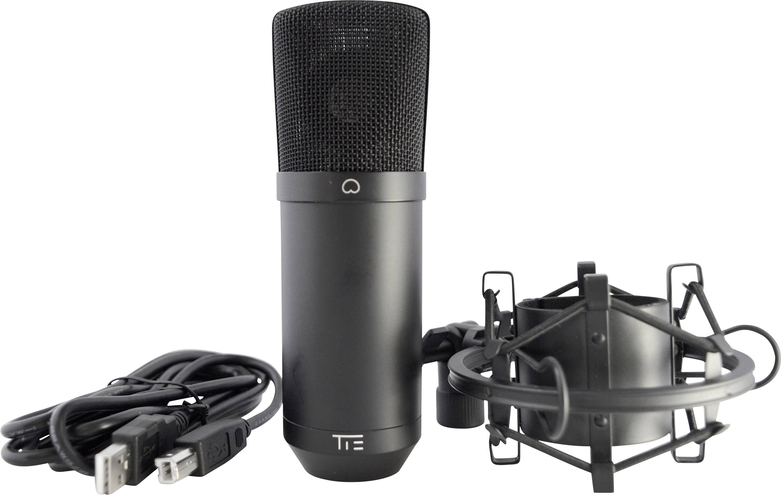 Microphone à condensateur USB noir avec câble et support anti-choc. Idéal pour le podcasting ou les enregistrements en studio.