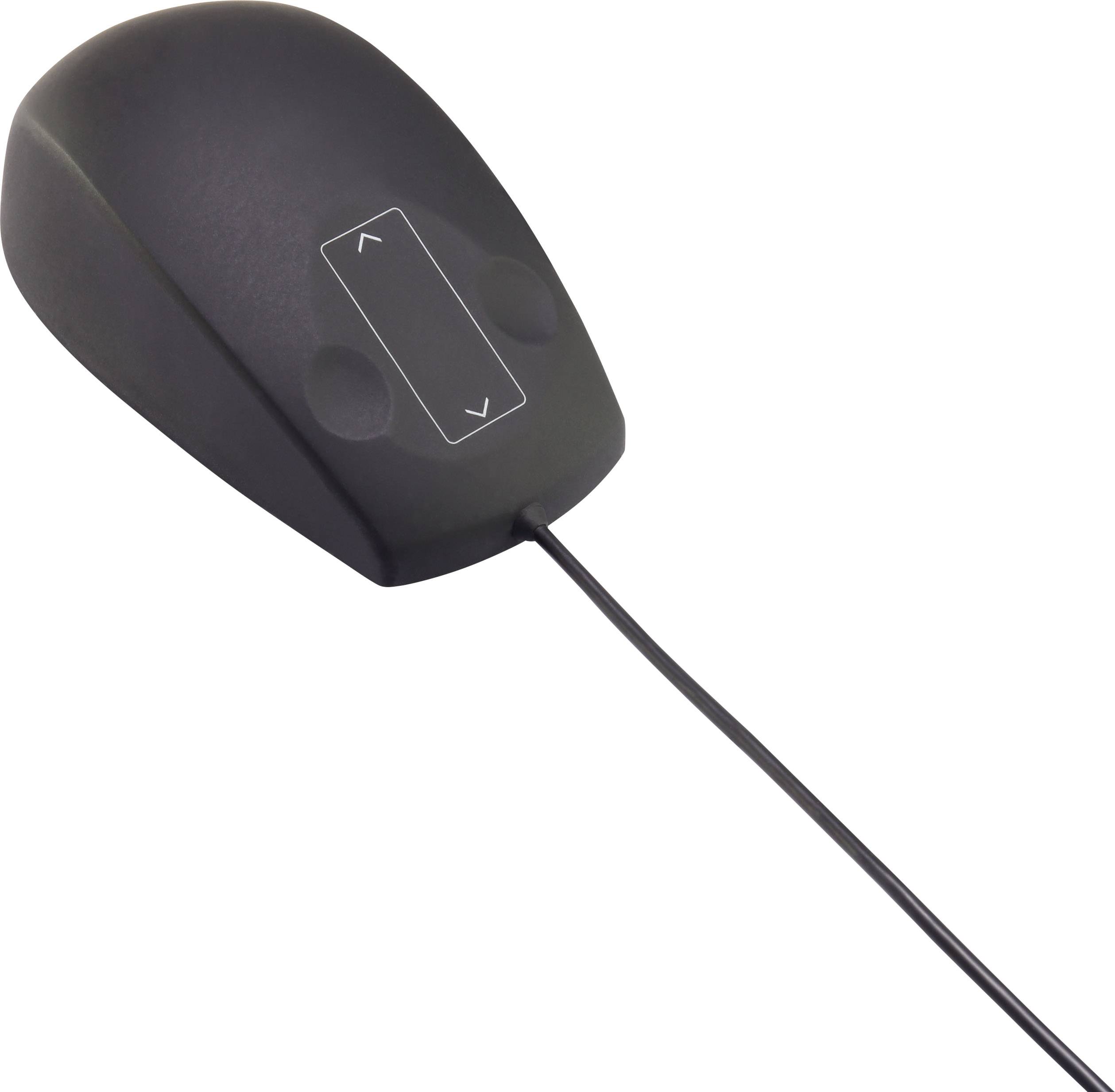 Une souris d'ordinateur noire, filaire, avec deux boutons et une zone de défilement centrale, sur un fond blanc.