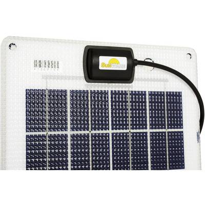 Un module solaire composé de plusieurs petits panneaux solaires bleu foncé et d'un connecteur noir portant le logo jaune 'SunWare'.