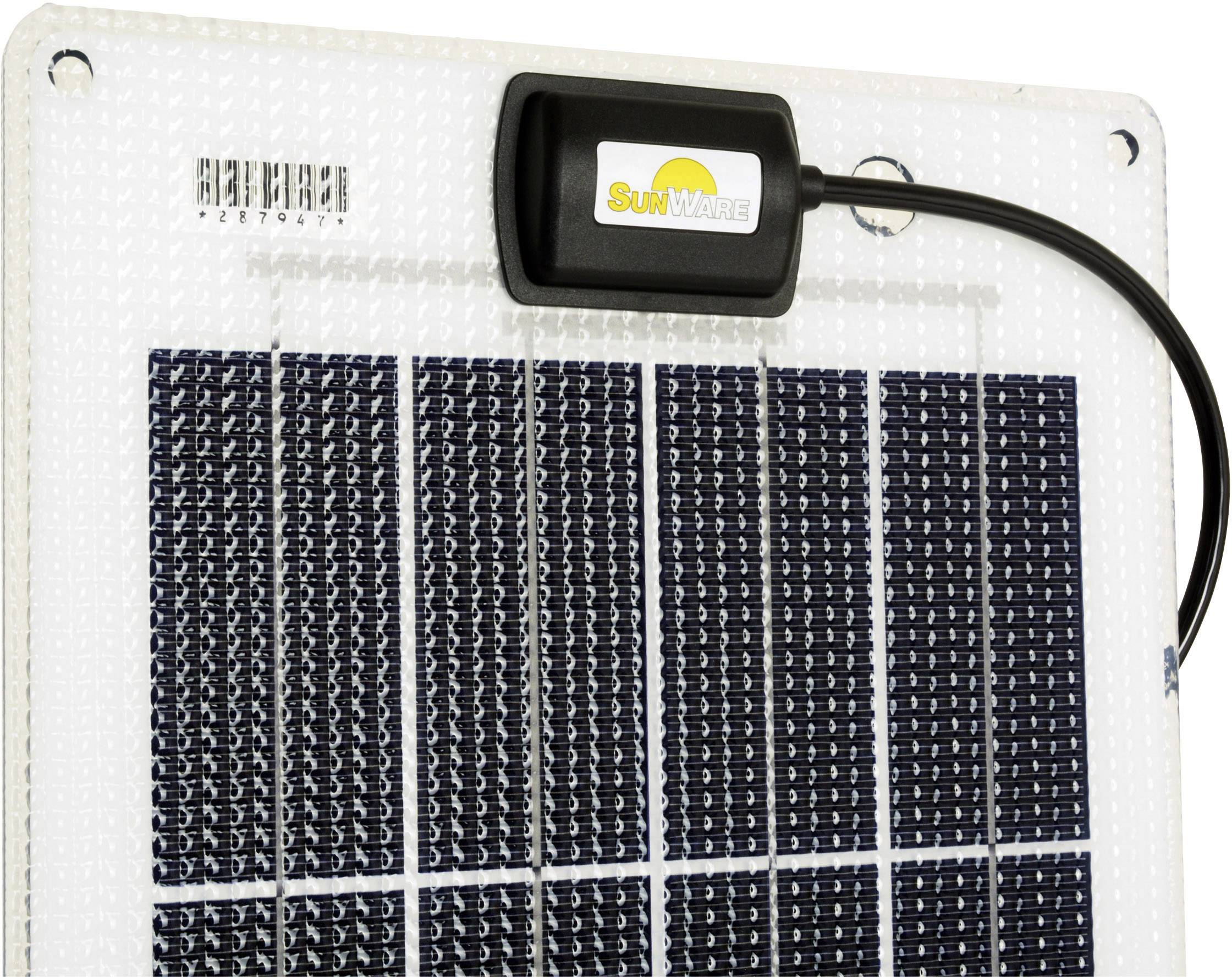 Module solaire avec des cellules carrées et un boîtier de connexion noir en haut. Un câble s'éloigne du boîtier de connexion.