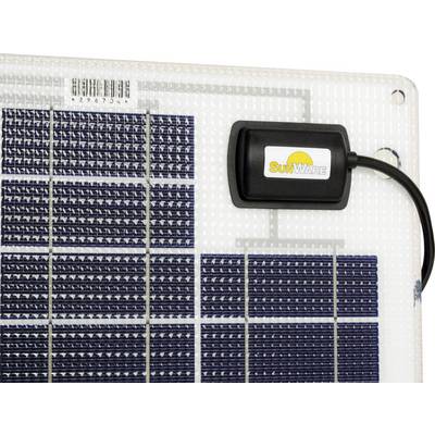 Module solaire de SunWare, gros plan. Montre un câble de connexion et des cellules photovoltaïques.