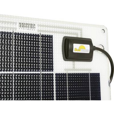 Gros plan d'un panneau solaire avec un boîtier de connexion noir de la marque 'SunWare' sur le côté droit.