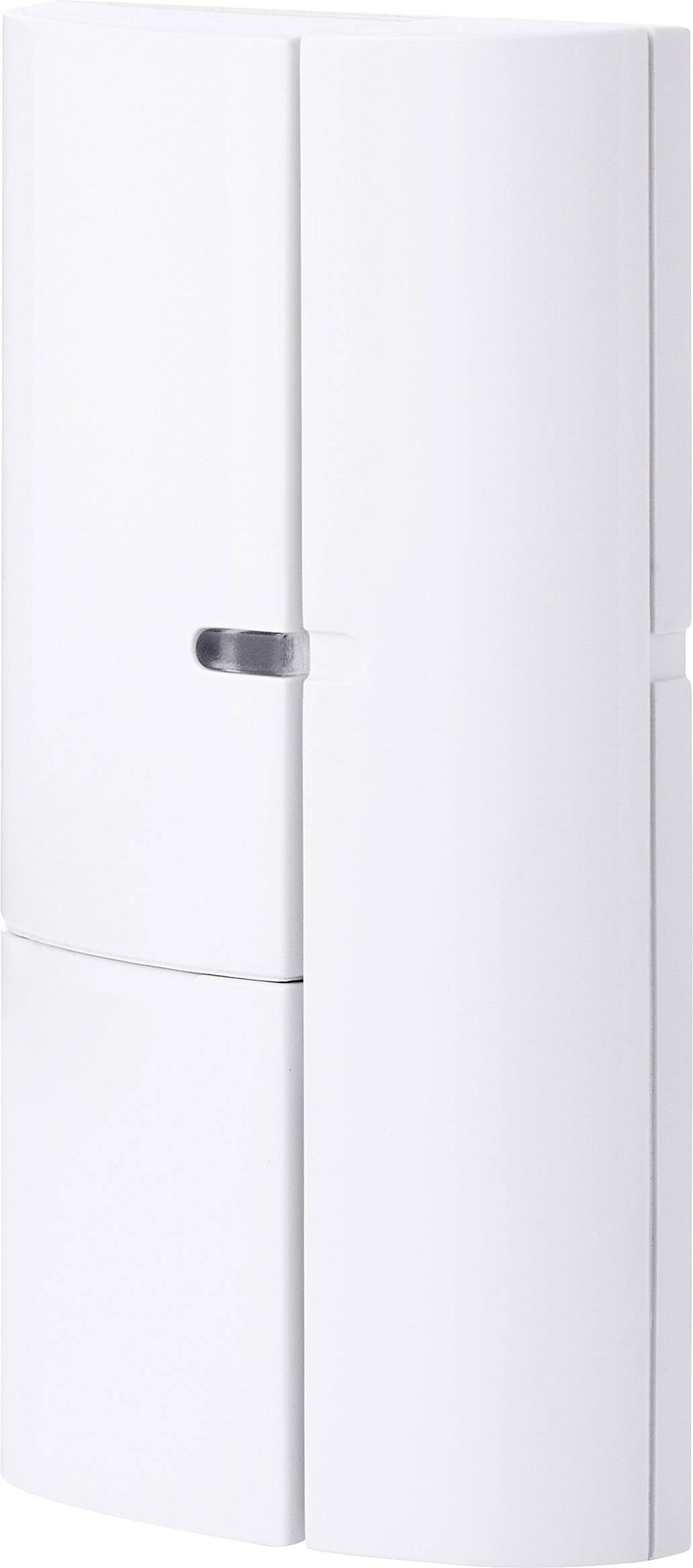 Un capteur de porte ou de fenêtre blanc rectangulaire, généralement utilisé pour les systèmes de sécurité ou d'alarme.