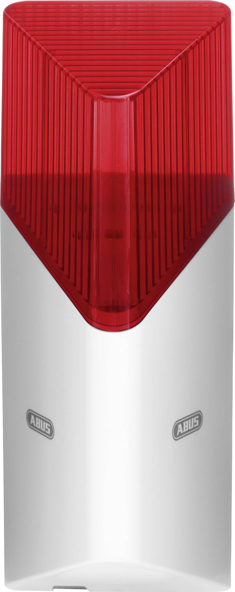 Une sirène extérieure rouge avec un boîtier métallique et le logo d'une entreprise de sécurité, reconnaissable à sa forme et sa couleur.