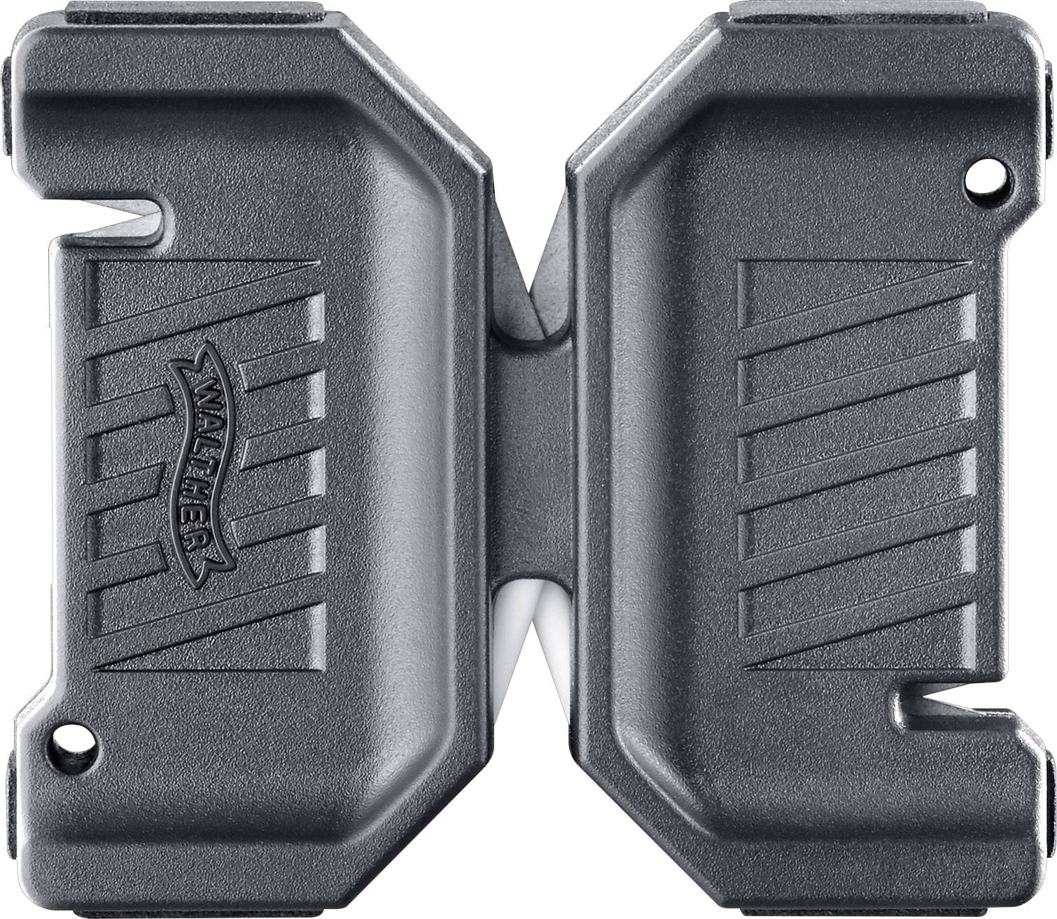 'Affûte-couteau Walther noir avec design en croix distinctif et surfaces structurées, adapté à une variété de lames.'