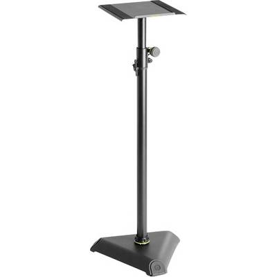 Un support de haut-parleur noir réglable en hauteur avec une base triangulaire, adapté pour le placement d'un haut-parleur.