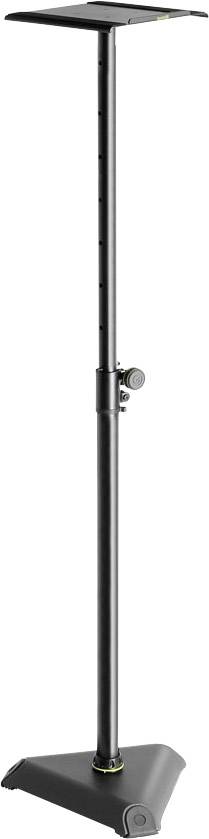 Support noir réglable en hauteur pour haut-parleur ou moniteur avec socle triangulaire, adapté pour une utilisation en studio ou sur scène.