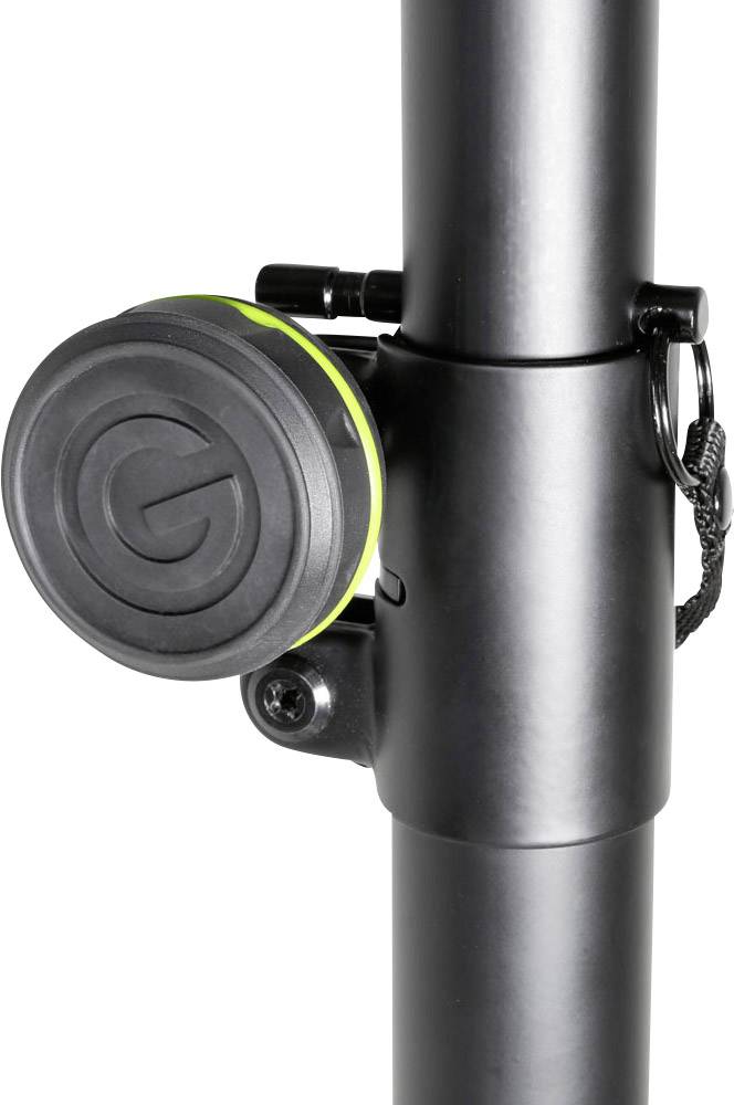 Un support en tube métallique noir avec un support de câble rond noir, accentué de vert, et muni d'un verrou à chaîne.