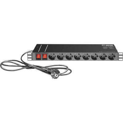 Une barrette d'alimentation noire à huit emplacements avec deux interrupteurs rouges. Un câble noir avec une fiche est connecté.