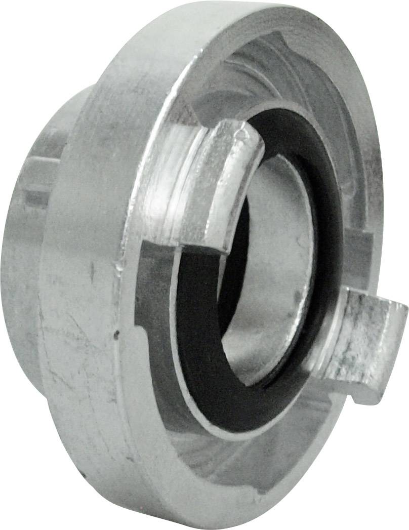 Un connecteur Storz gris en métal, montrant la vue de face avec des rainures et un anneau d'étanchéité noir.