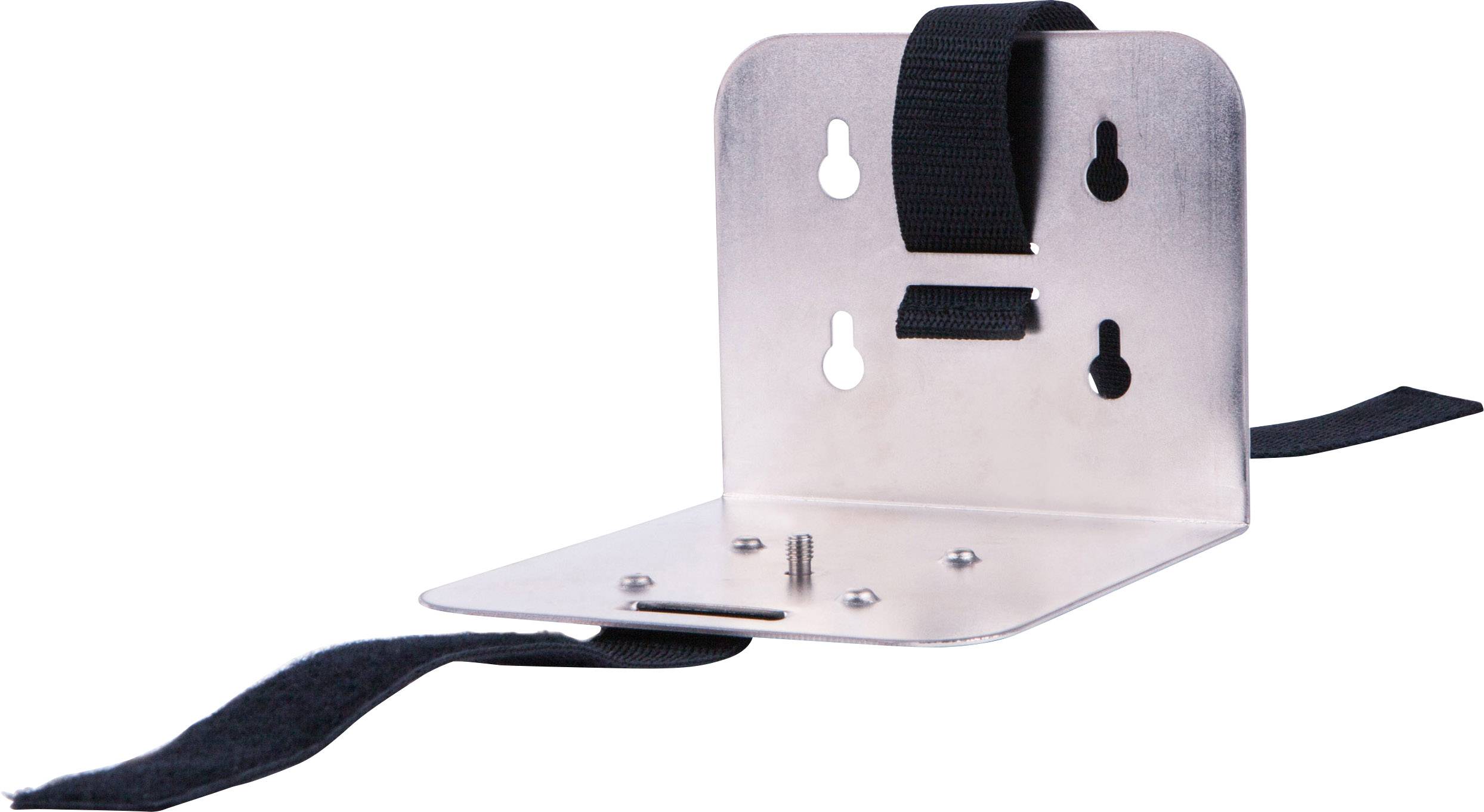 Support métallique avec une sangle réglable, probablement destiné à la fixation d'appareils, sur fond blanc.