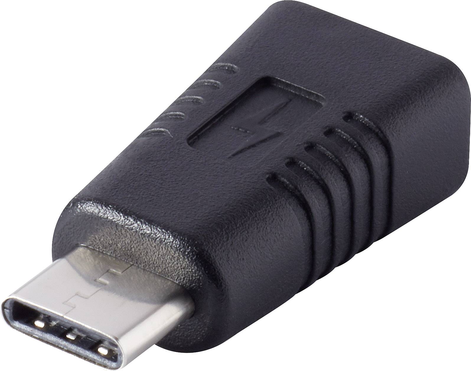 Un adaptateur USB-C noir avec un symbole de flèche indiquant le sens de connexion.
