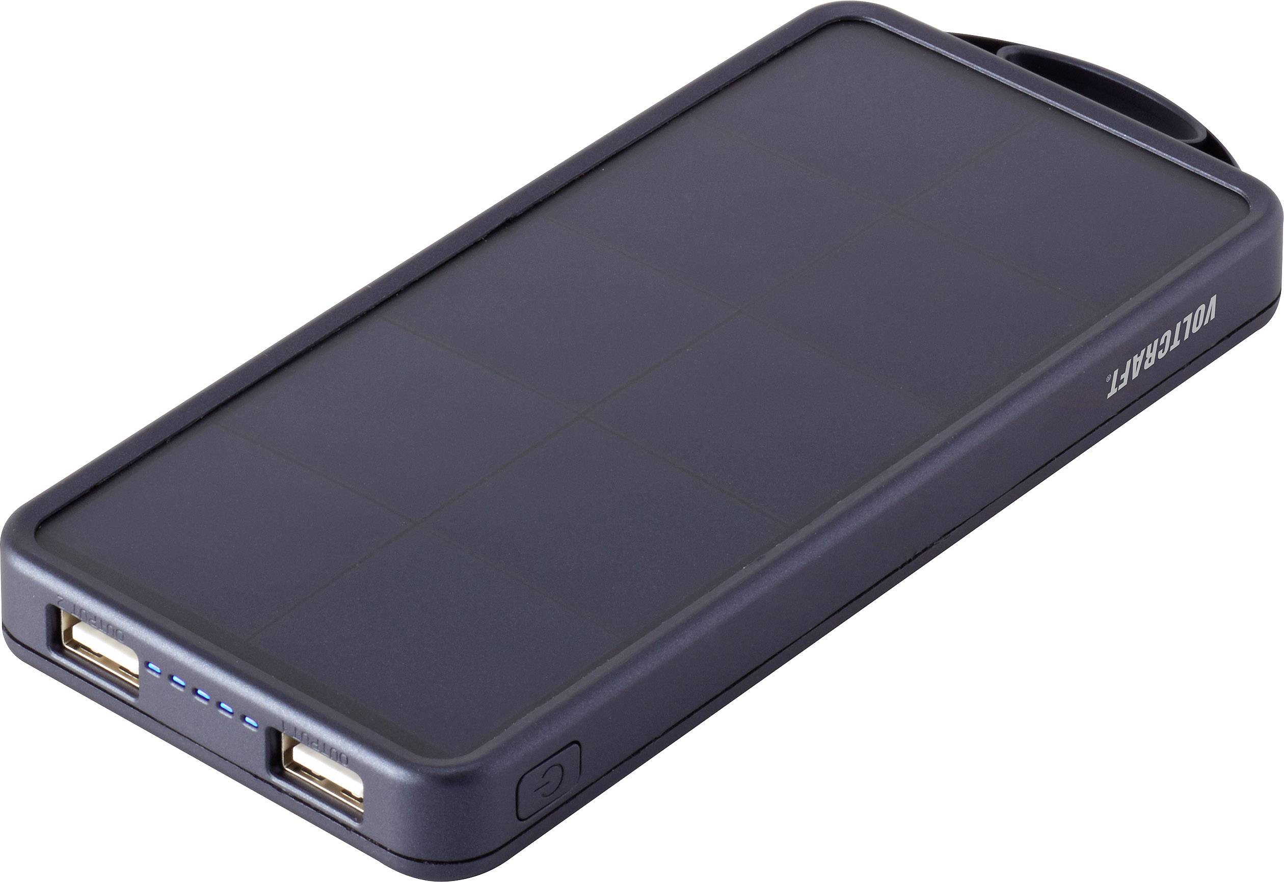 Chargeur solaire portable avec deux ports USB et indicateur de charge, boîtier noir. Idéal pour recharger des appareils en déplacement.