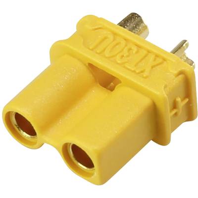 Connecteur Gelber XT30 à deux broches avec contacts dorés, utilisé pour les connexions électriques dans les modèles réduits et les applications de drones.
