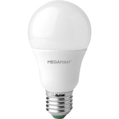 Une ampoule LED blanche de la marque Megaman avec douille E27, sur un fond neutre.