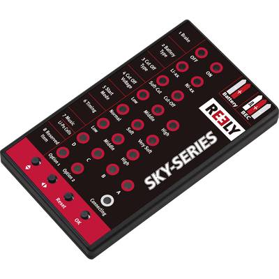 Télécommande multifonctions et multi-touches pour modèles réduits d'avions, portant les inscriptions 'SKY-SERIES' et 'REELY', affichant différents réglages et options.