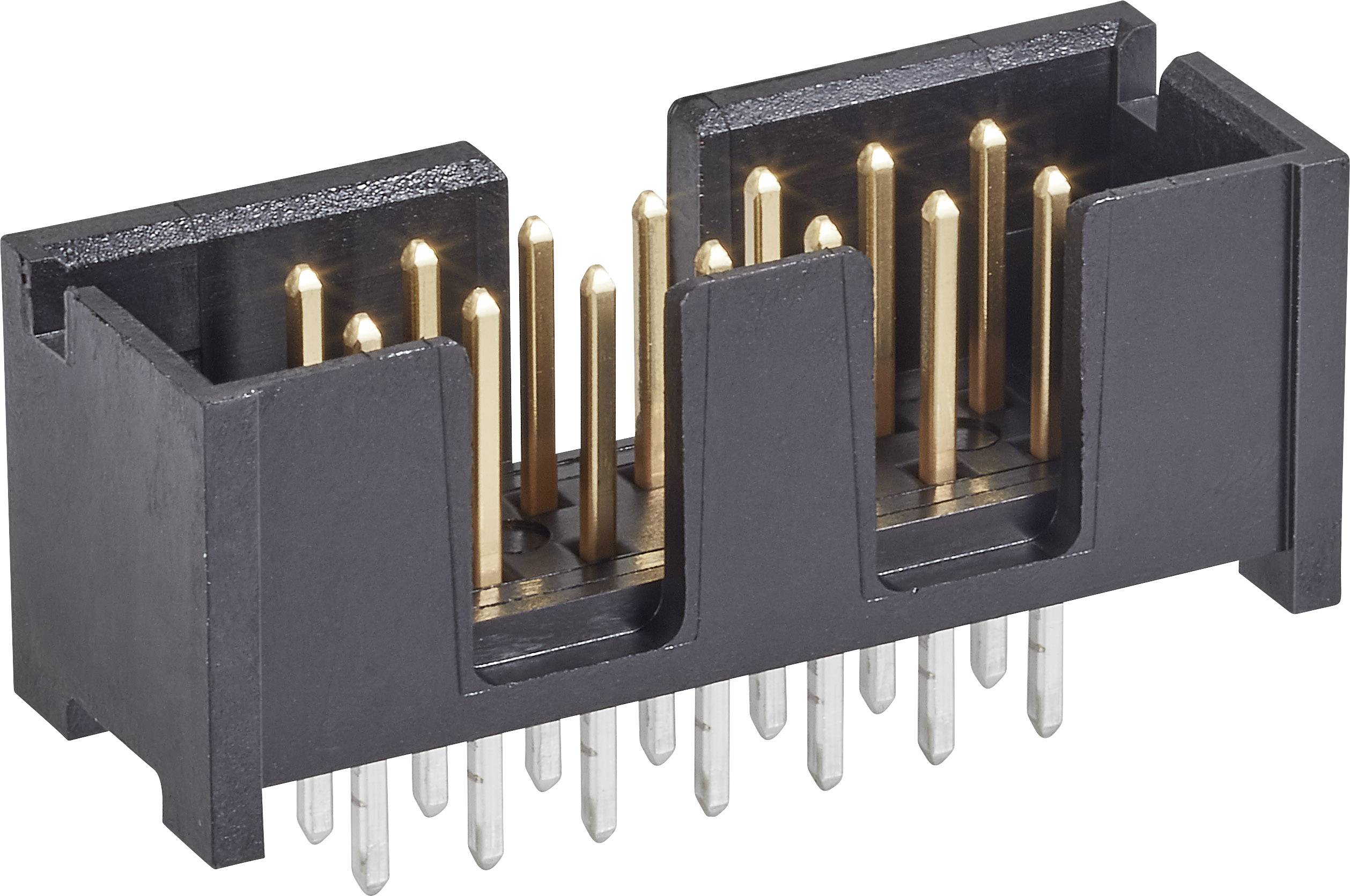 Un connecteur noir avec des broches dorées et argentées disposées sur deux rangées. Développé pour connecter des composants électriques.