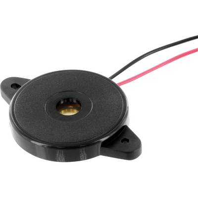 Un buzzer piézoélectrique rond avec deux câbles (rouge et noir) pour la génération de signal ou d'alarme.