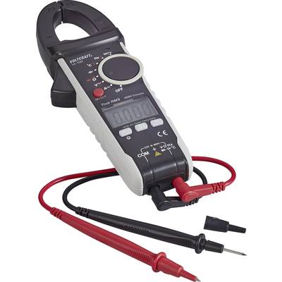 Multimètre numérique avec fonction pince, noir et rouge, mesurant des paramètres électriques. Appareil équipé d'un écran et de deux câbles de mesure connectés.
