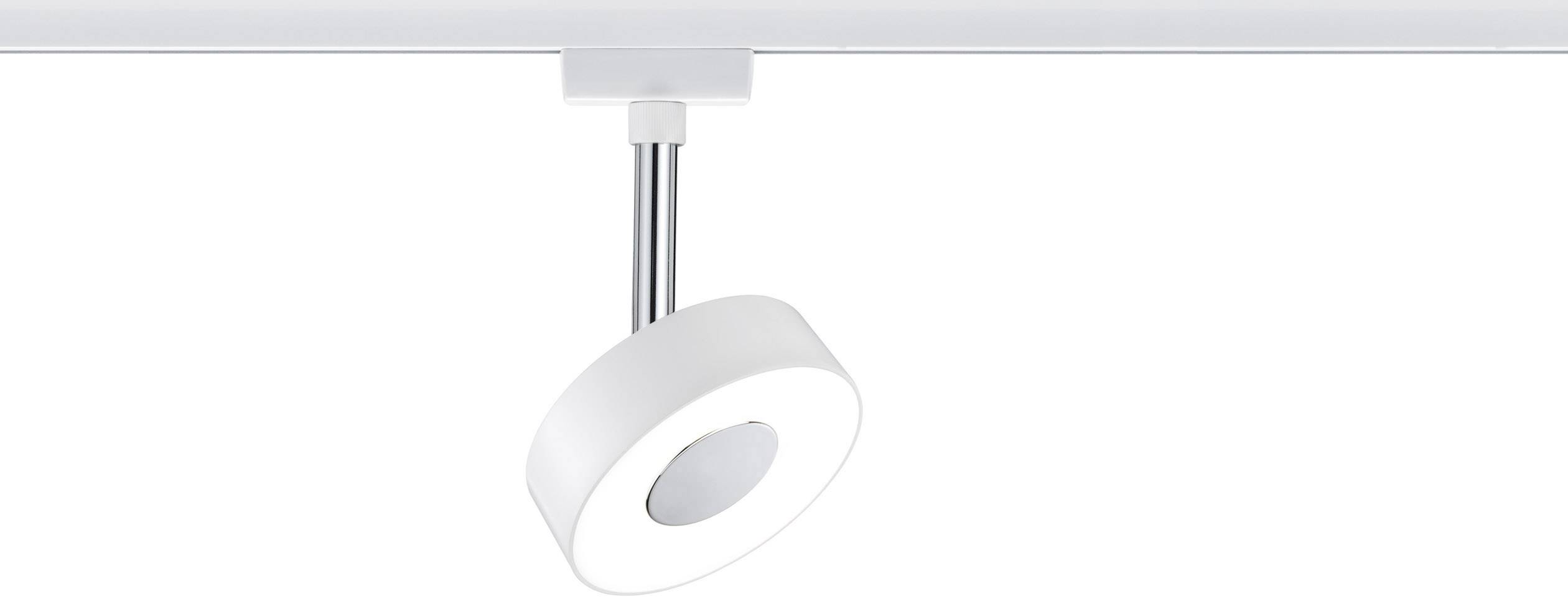 Projecteur LED rond individuel en blanc, monté sur une rail et suspendu au plafond, servant à un éclairage ciblé.