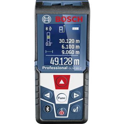 Télémètre laser avec écran affichant les mesures : 30,120 m, 6,100 m, 9,060 m et longueur totale 49,128 m. Marque Bosch.
