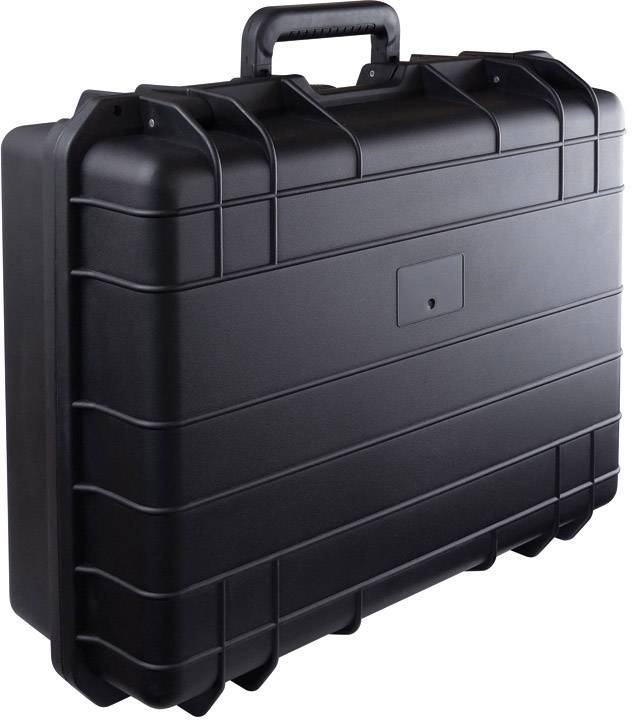 Valise noire, robuste, avec poignée, adaptée au transport sécurisé d'appareils sensibles ou d'outils.