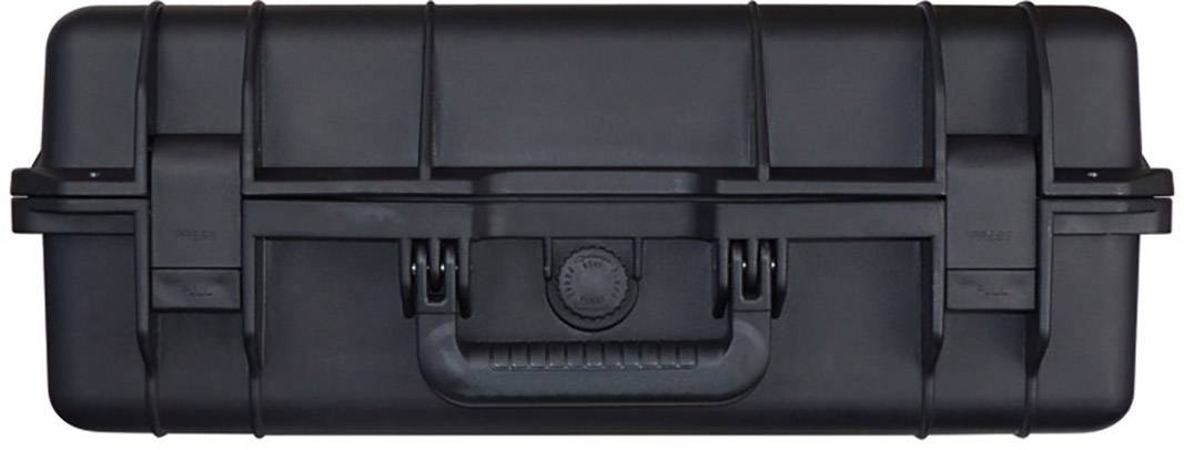 Un boîtier de protection noir robuste avec un design solide et une poignée centrale. Idéal pour un équipement sensible.