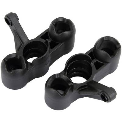Deux pièces en plastique noir avec des cavités circulaires et des bras de connexion. Elles semblent être des composants d'un dispositif technique ou d'un modèle.