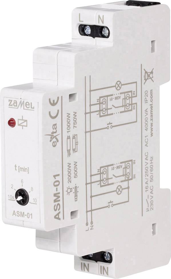 Un relais temporel blanc portant le numéro de modèle 'ASM-01' et imprimé avec des spécifications techniques. La marque 'Zamel' est visible.