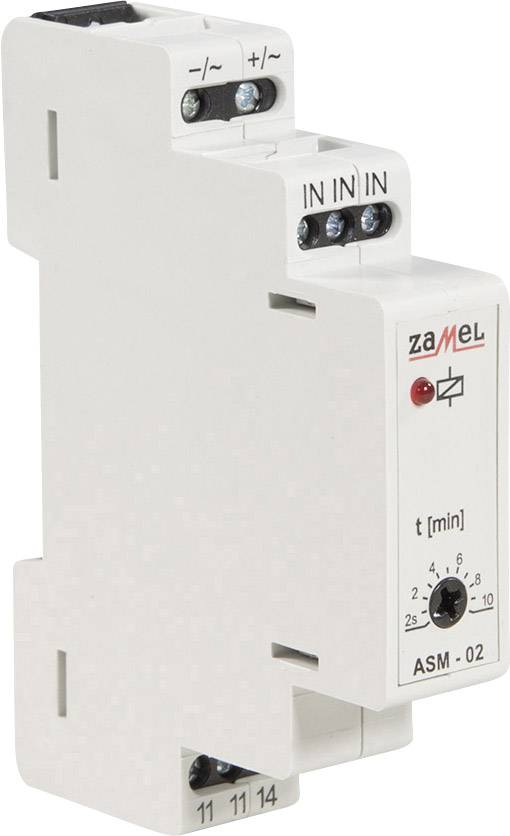 Un interrupteur d'éclairage d'escalier ASM-02 blanc de Zamel avec des connexions électriques latérales et supérieures, ainsi qu'un bouton rotatif pour le réglage du temps (de 0,5 à 10 minutes).