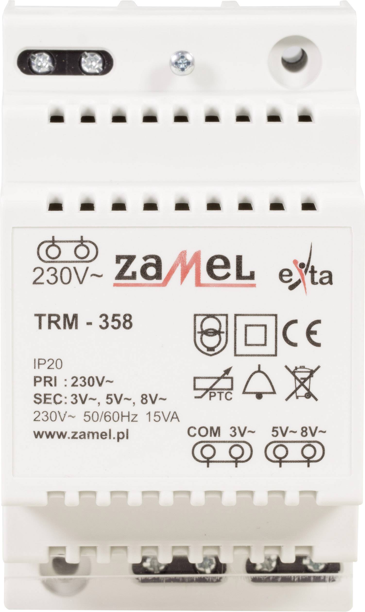 Transformateur électronique 'Zamel TRM-358', tension d'entrée 230V, tensions de sortie 3V, 5V, 8V.